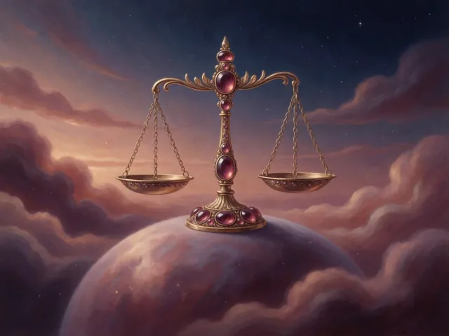 Une balance d'or ornée de pierres précieuses en équilibre sous un ciel du soir, la prospérité gracieuse de la Balance