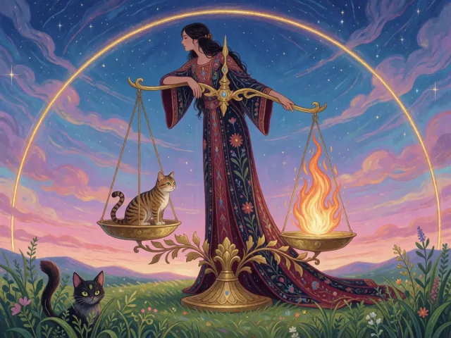 Une balance dorée en équilibre près d'une flamme vive sous un ciel d'équinoxe, l'harmonie et l'élan
