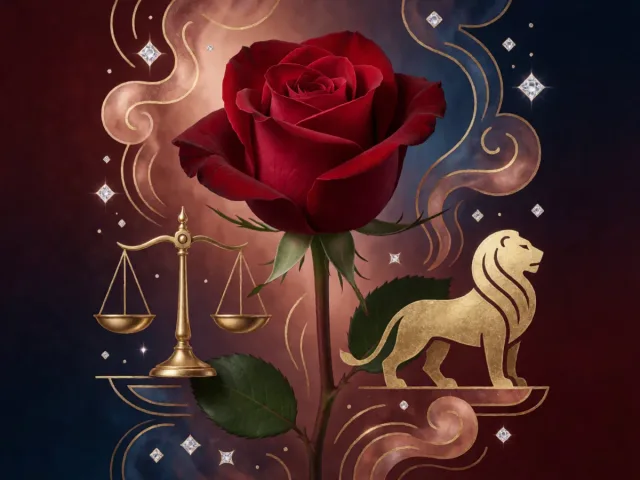 Une rose élégante posée sur une balance d'or près d'un lion doré, la grâce et l'éclat
