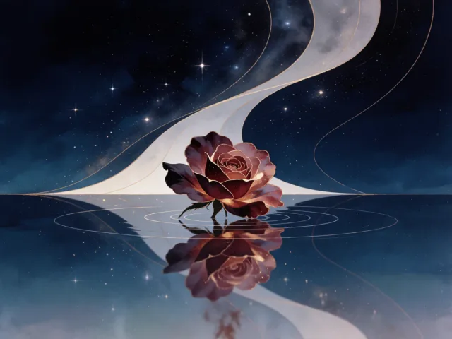 Une rose délicate flottant sur une eau calme et étoilée sous la lune, la grâce et le rêve