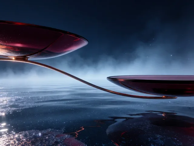 Deux plateaux d'une balance flottant sur une eau brumeuse et étoilée, l'harmonie et le rêve
