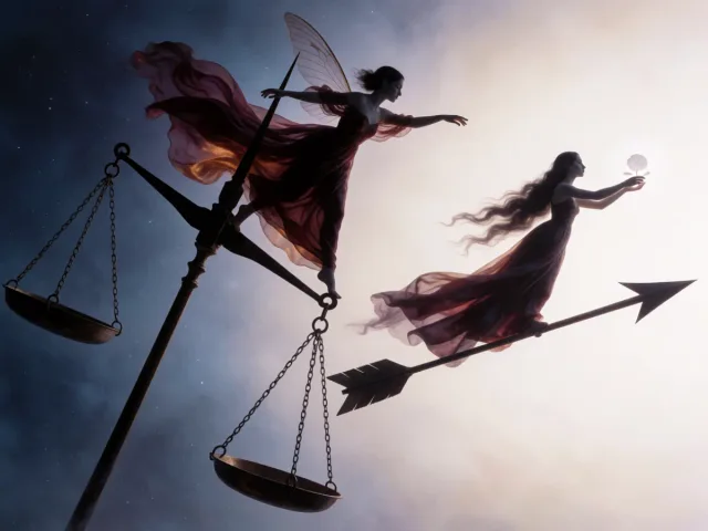 Une balance légère et une flèche filant ensemble vers un horizon lumineux, la grâce et l'aventure