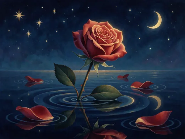 Une rose élégante flottant à la surface d'une eau sombre et profonde sous la lune, la surface et l'abîme