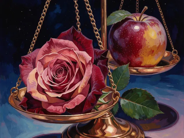 Une rose épanouie posée sur une balance d'or près d'un fruit mûr, la grâce et la sensualité