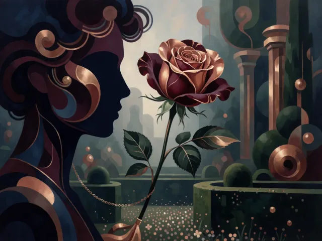 Une rose élégante posée près d'un jardin méticuleusement taillé, la grâce et la mesure