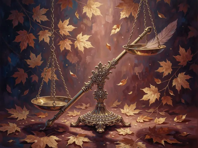 Une balance ancienne en équilibre parfait sur un fond de feuilles d'automne dorées, élégance et sérénité
