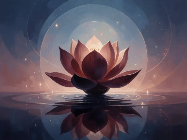 Une fleur de lotus posée en équilibre parfait sur une eau miroir sous un ciel étoilé, l'harmonie de la Balance