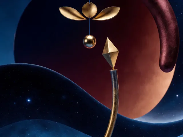Trois pétales d'or en équilibre sur une onde étoilée, les forces de vie de la Balance