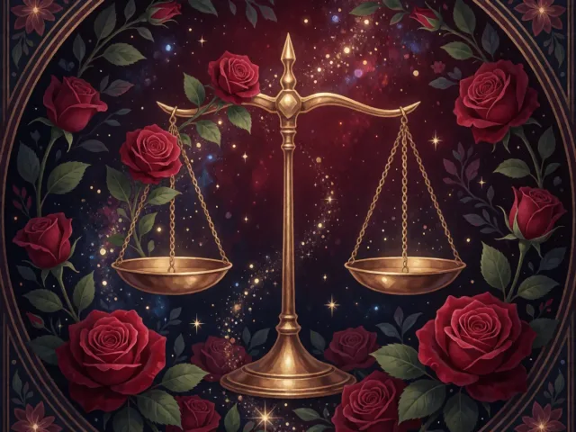 Une balance d'or parfaitement équilibrée fleurie de roses sous une lumière stellaire, l'harmonie de la Balance