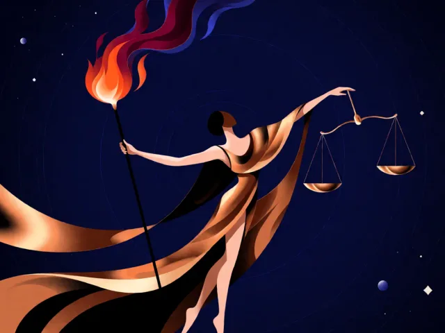 Une flamme vive et une balance dorée en équilibre parfait sous un ciel d'équinoxe, l'élan et l'harmonie