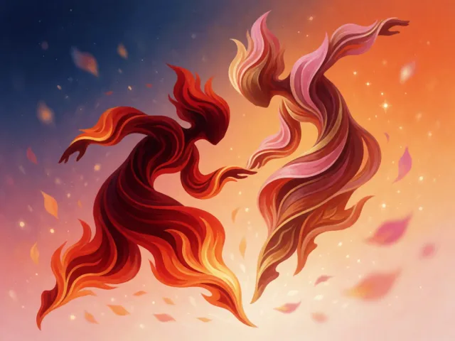 Deux flammes jumelles dansant ensemble dans un ciel d'aube printanier, énergie et passion partagées