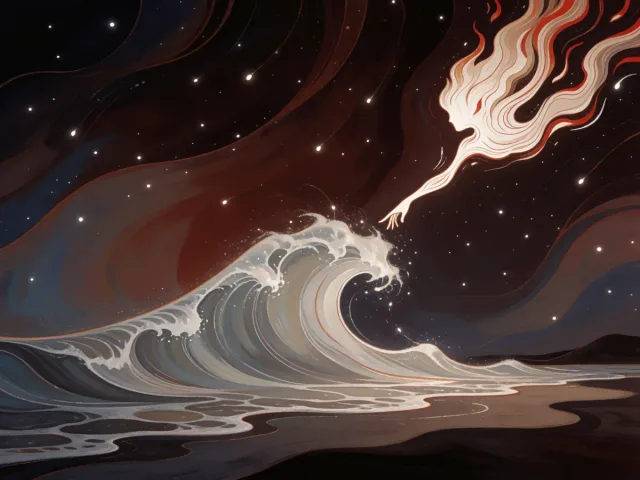 Une flamme vive et une vague argentée se rencontrant sur un rivage au clair de lune, le feu et l'eau qui se cherchent