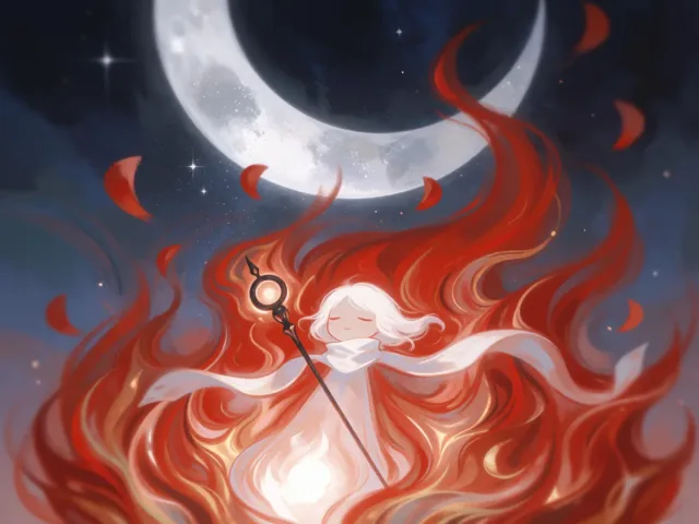 Un foyer chaleureux veillé par une flamme vive sous un croissant de lune argenté, ardeur et tendresse réunies