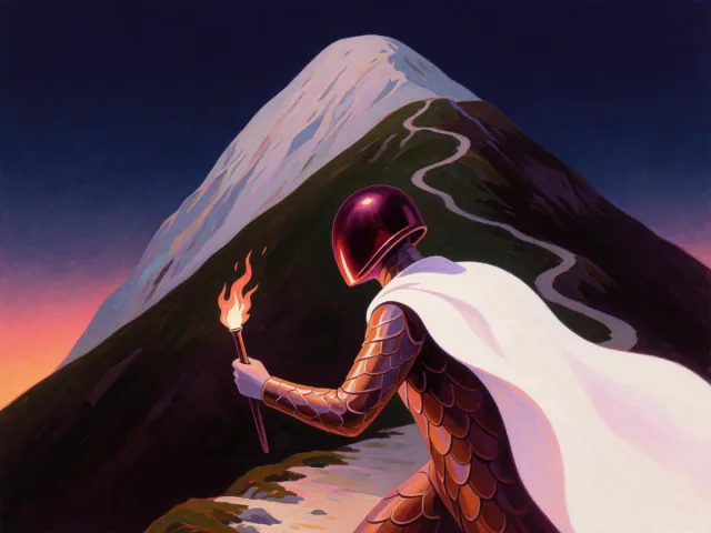 Une flamme vive au pied d'une montagne enneigée qu'un chemin patient gravit, l'élan et l'endurance