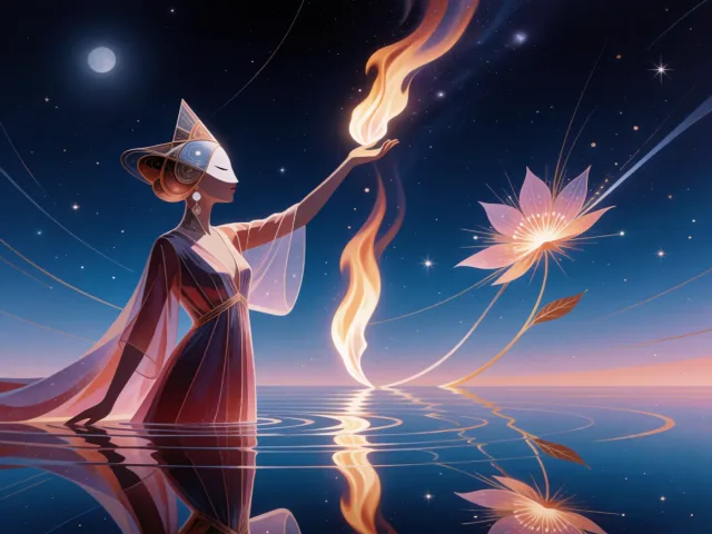 Une flamme vive veillant sur une eau calme et étoilée au clair de lune, la force et la douceur