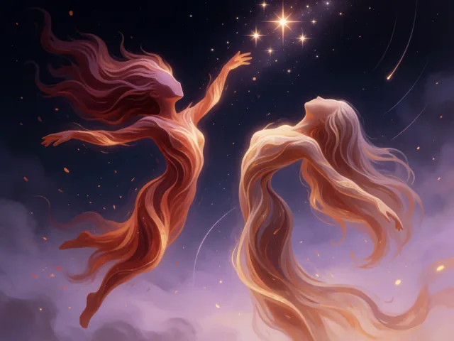 Deux feux joyeux s'élançant sous un ciel d'étoiles voyageuses, la liberté partagée