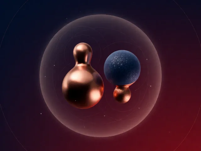 Deux astres indépendants gravitant côte à côte dans un ciel de nuit bordeaux, la liberté à deux