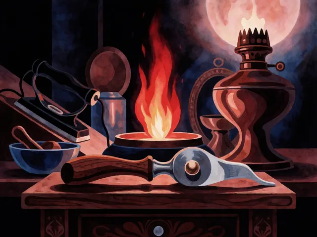 Une flamme vive dressée près d'un établi d'artisan aux outils rangés avec soin, l'élan et la minutie