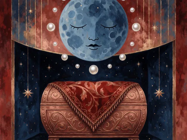Une lune veillant sur un coffre niché dans un foyer étoilé, la prévoyance du Cancer