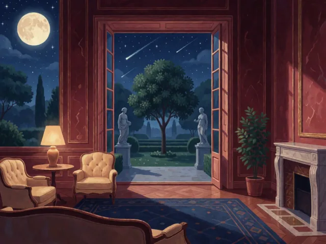 Une maison douillette dont la fenêtre ouvre sur un jardin élégant sous la lune, l'intime et l'harmonie
