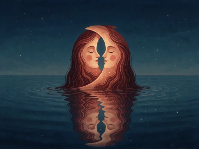 Deux croissants de lune se reflétant dans une eau calme et étoilée, la tendresse partagée