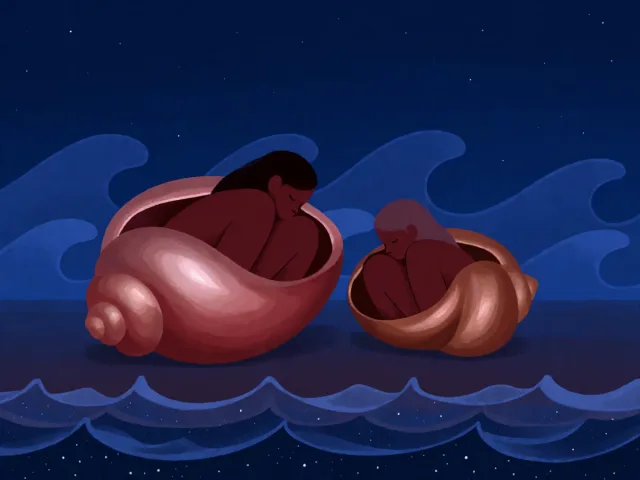 Deux coquillages posés côte à côte sur un rivage sous un ciel nocturne, l'intimité et le repli