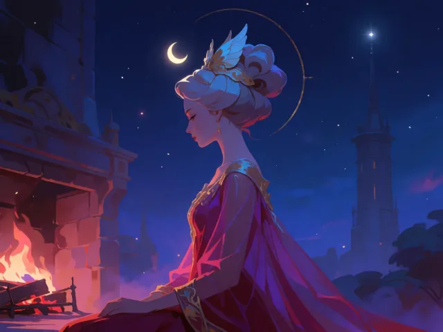 Un âtre chaleureux veillé par un croissant de lune tandis qu'une lumière brille au sommet d'une tour, le cœur et le devoir
