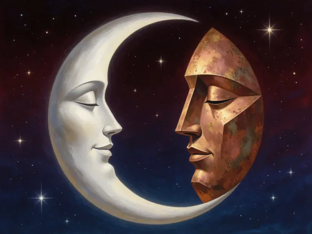 Un croissant de lune et un soleil doré partageant le même ciel étoilé, l'intime et l'éclat