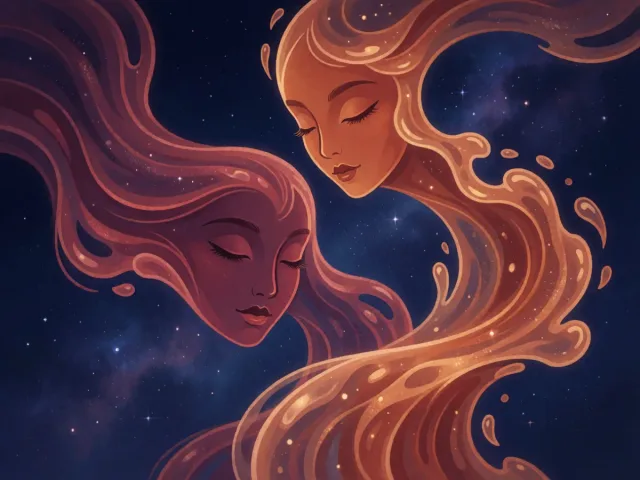 Deux courants d'eau douce s'entremêlant sous un ciel de lune et d'étoiles, la tendresse rêveuse