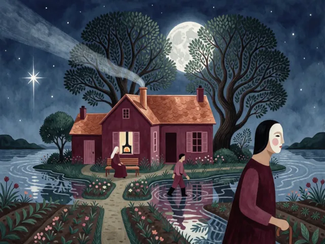 Une maison au bord de l'eau entourée d'un jardin fertile sous la lune, le foyer et la terre