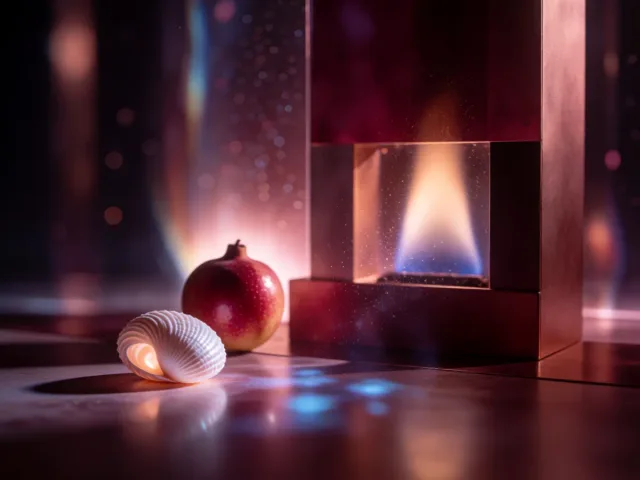 Un coquillage nacré et un fruit mûr posés près d'un âtre chaleureux, la tendresse et l'abondance