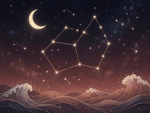 La constellation du Cancer tracée en fils d'or sur un ciel nocturne, un croissant de lune et des vagues délicates