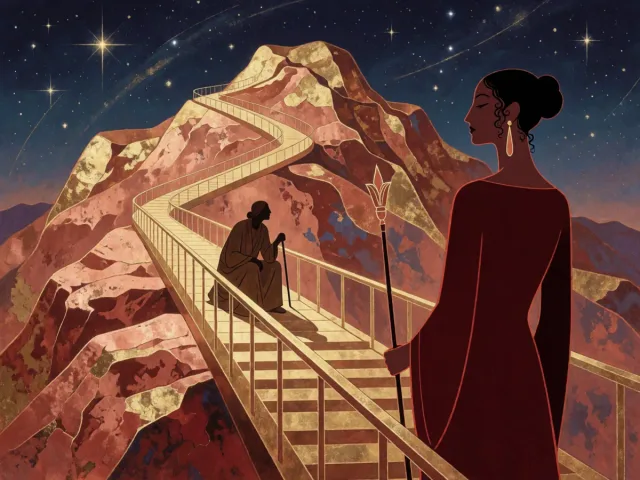 Une montagne d'or gravie jusqu'au sommet sous un ciel étoilé du soir, l'amour patient du Capricorne