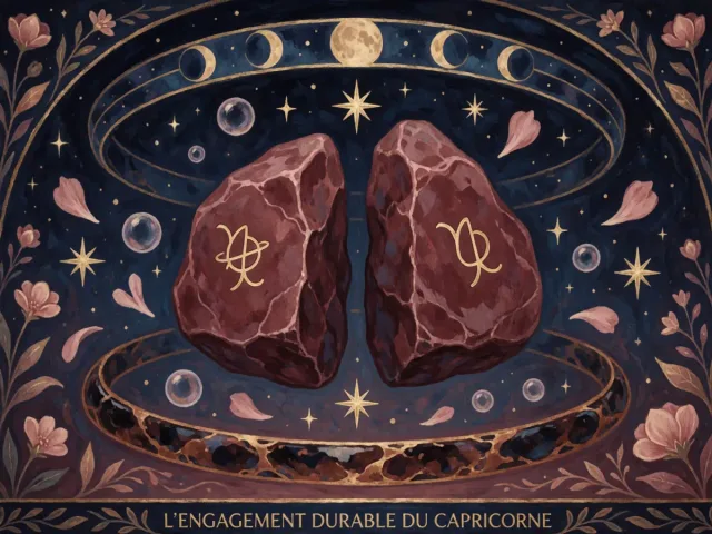 Deux pierres solides gravées d'un même symbole sous une voûte étoilée, l'engagement durable du Capricorne