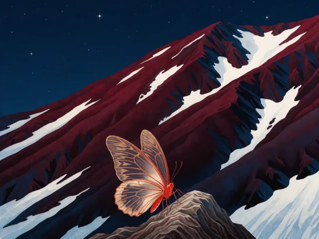 Un papillon posé sur un roc au flanc d'une montagne enneigée, la légèreté et la solidité