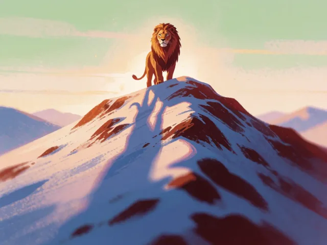 Un lion doré au sommet d'une montagne enneigée sous un ciel clair, l'éclat et l'ascension