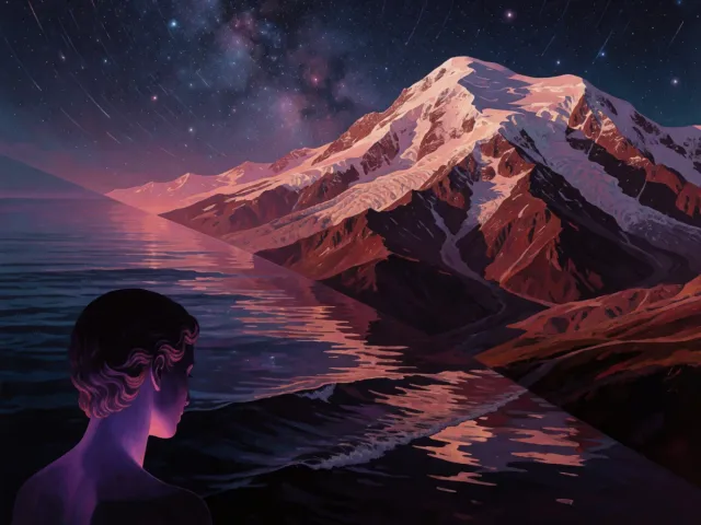 Une eau sombre et profonde au pied d'une montagne enneigée sous les étoiles, la force et la volonté