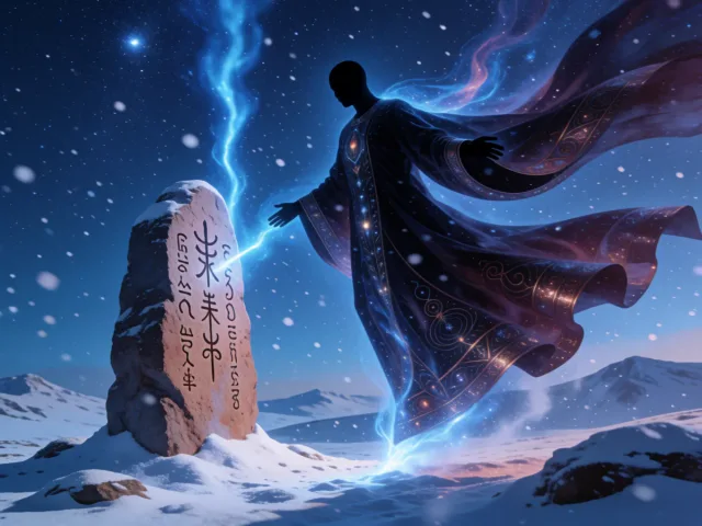 Une pierre ancienne gravée face à un éclair d'énergie bleue dans un ciel d'hiver étoilé, la tradition et le futur