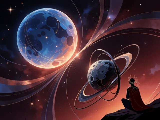 Deux astres, l'un de pierre, l'autre de lumière bleue, gravitant dans un ciel étoilé, l'ordre et l'innovation