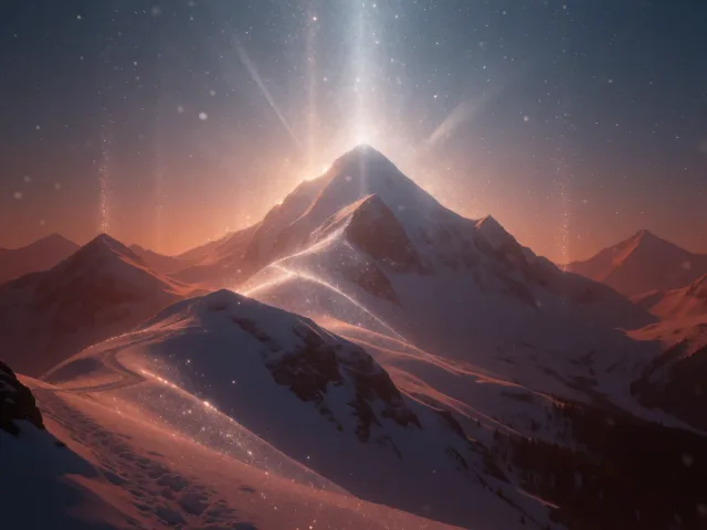 Un sommet de montagne enneigé sous un ciel d'hiver clair, un chemin patient qui monte, sérénité et grandeur