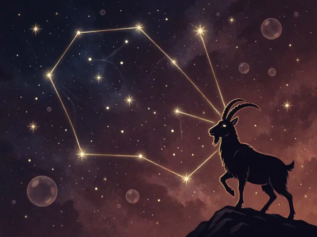 La constellation du Capricorne tracée en fils d'or sur un ciel nocturne bordeaux, silhouette fière d'une chèvre de montagne