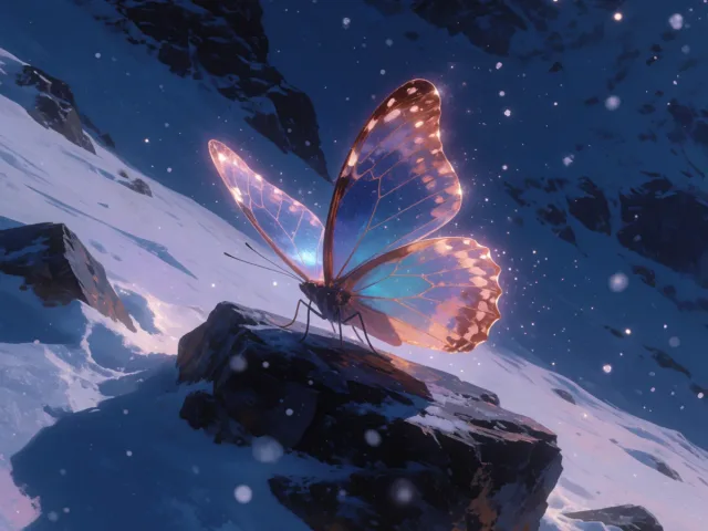 Un papillon posé sur un roc au flanc d'une montagne enneigée, la légèreté et la solidité