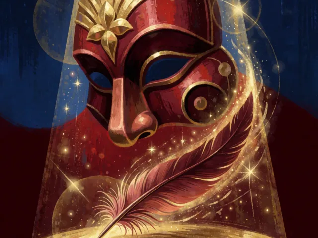 Un masque de théâtre et une plume dansant sous un projecteur doré, le jeu et l'éclat