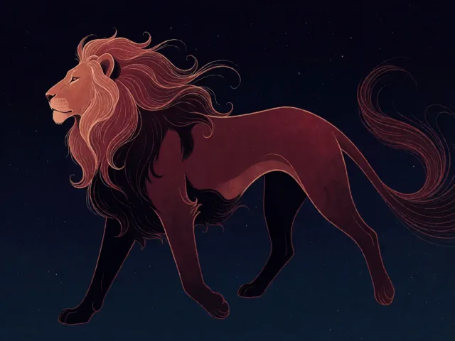 Un lion majestueux écoutant le chant du vent dans un ciel étoilé, la force et la légèreté