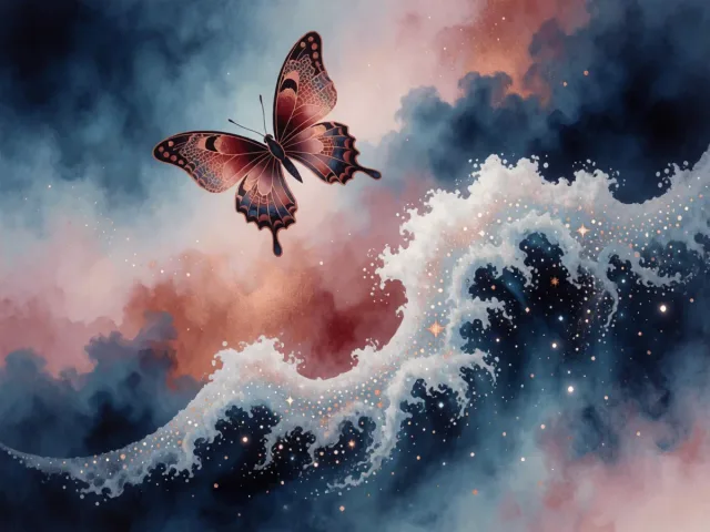 Un papillon volant au-dessus d'une vague écumante et étoilée, la légèreté et la profondeur