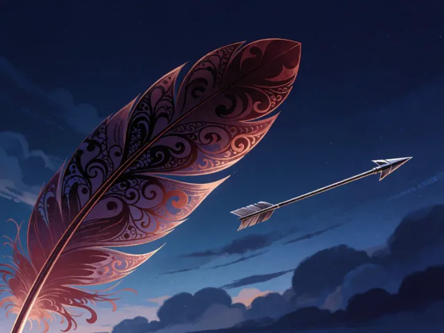 Une plume et une flèche filant ensemble vers l'horizon sous un ciel d'aventure, le proche et le lointain
