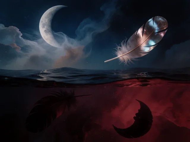 Une plume effleurant une eau sombre et profonde sous la lune, la surface et l'abîme