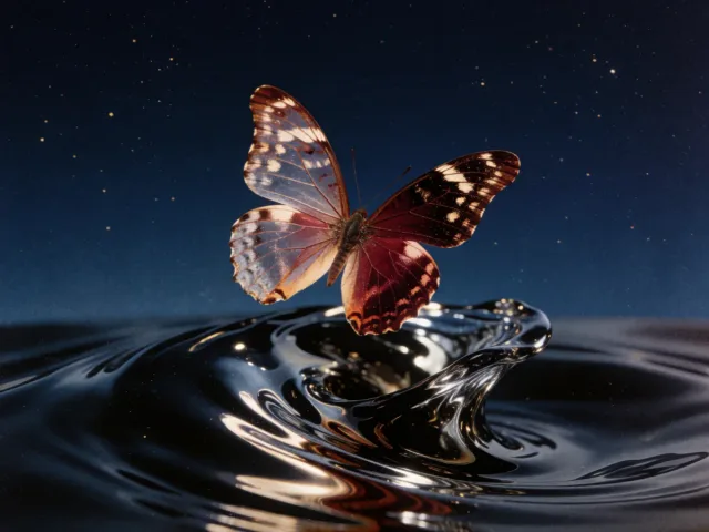 Un papillon volant au-dessus d'un tourbillon d'eau nocturne, la légèreté et l'intensité