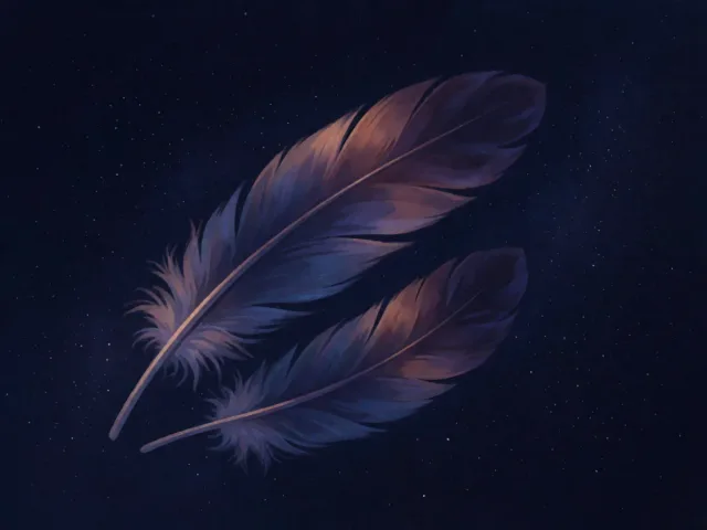 Deux plumes bleutées portées par un même courant d'air étoilé, la liberté et l'esprit