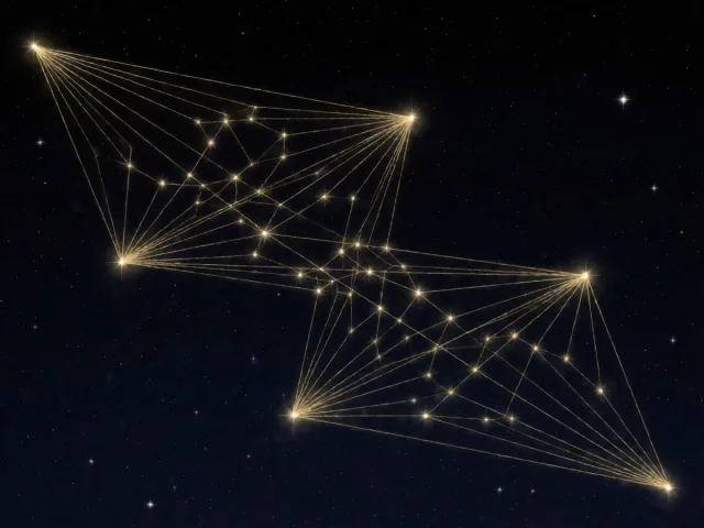 Un réseau de fils d'or reliant des étoiles éparses sous un ciel nocturne, l'esprit connecté des Gémeaux